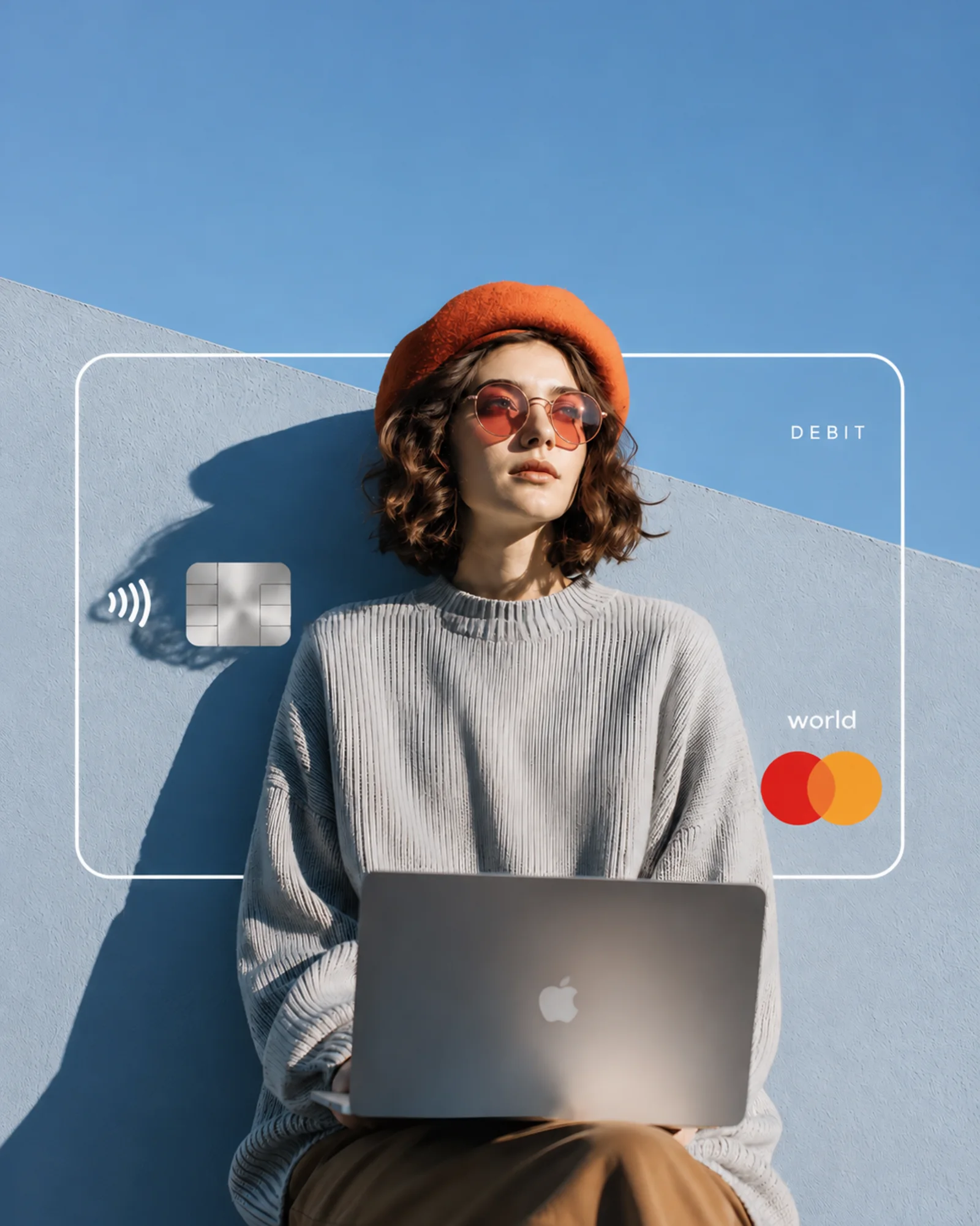 A woman in an orange beret with a laptop, a debit card outline overlaid.