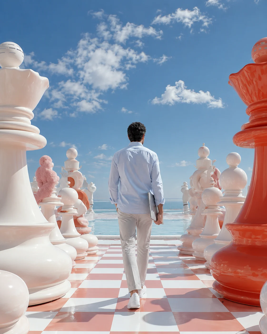 A merchant walking between oversized chess pieces toward open water