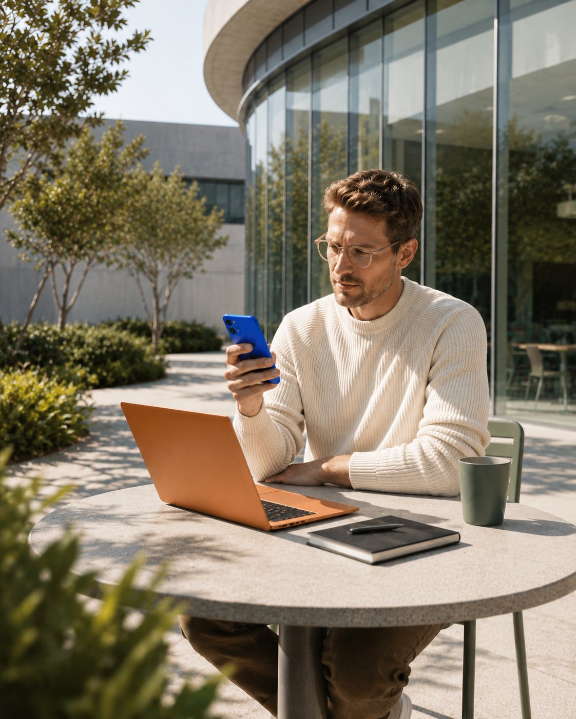 A merchant working outdoors at a modern tech campus