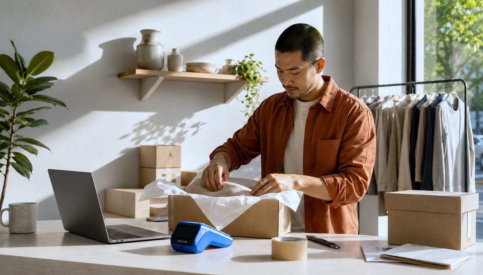 A small-business owner packing an online order at the counter