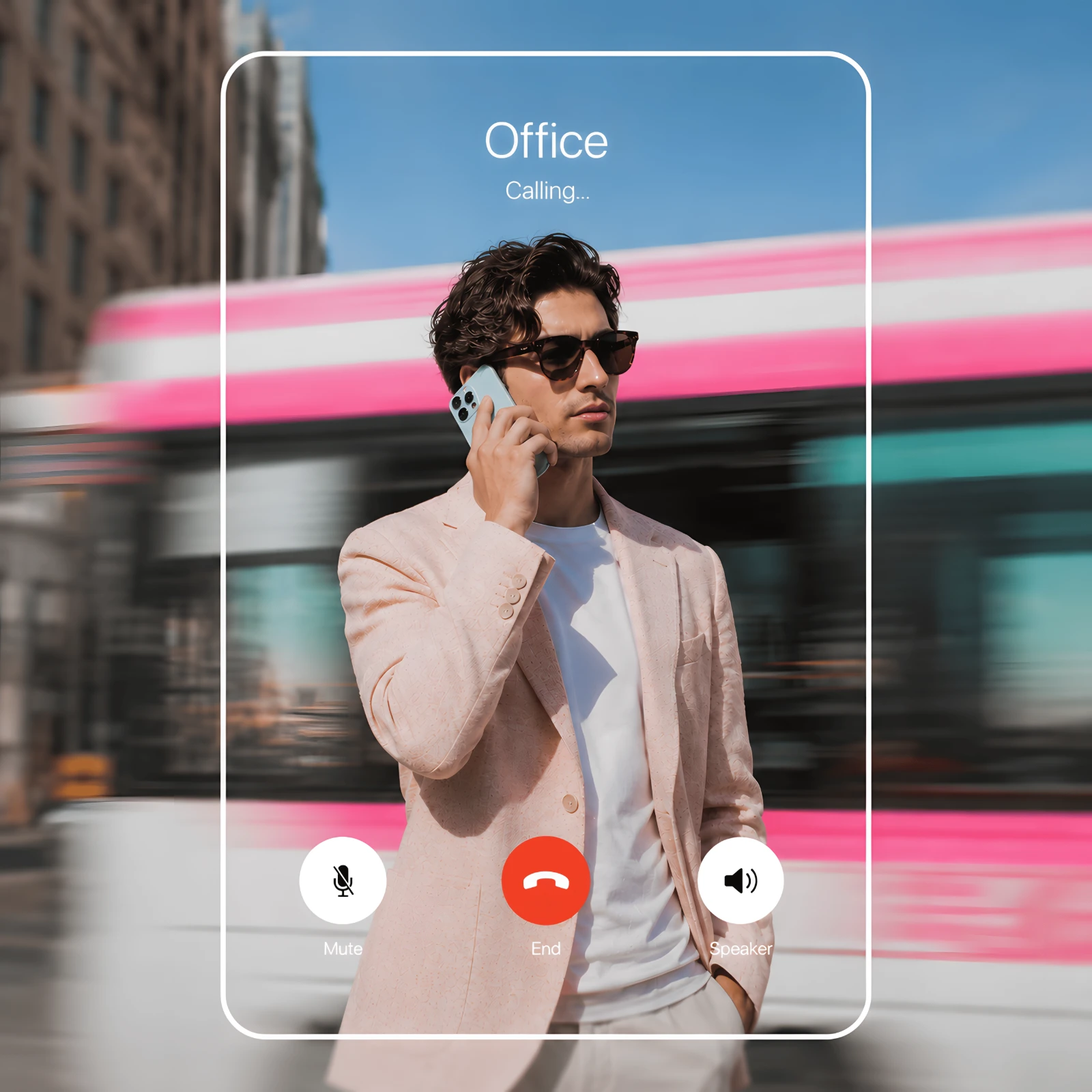 A man taking a call on the street, an in-call interface overlaid